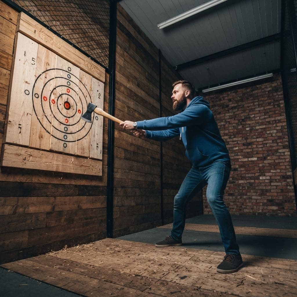 Axe embedded in a wooden target board at an indoor axe throwing venue